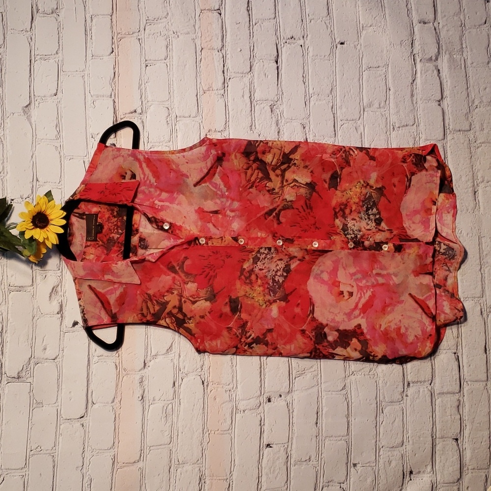 I Jeans By Buffalo sleeveless sheer blouse floral red multicolor SzM
